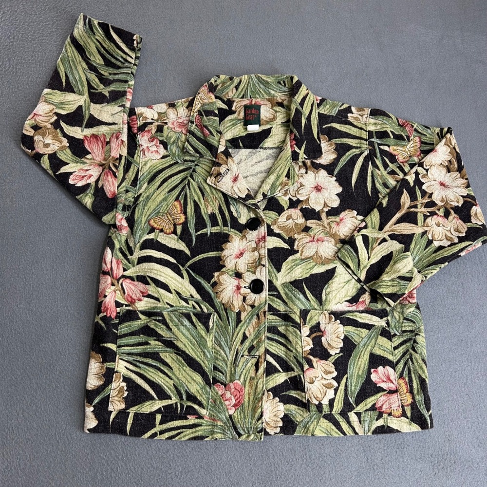 Garden Gear Jacket Womens S/M Black Tropical Floral Tapestry Button Front Blazer - Picture 1 of 8
